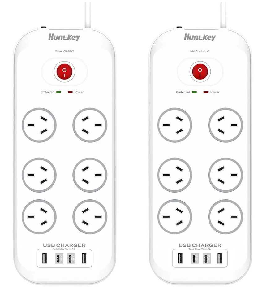 HUNTKEY 6 Outlets Surge Protector Powerboard 2 Pack SAC607C. NB: slightly d