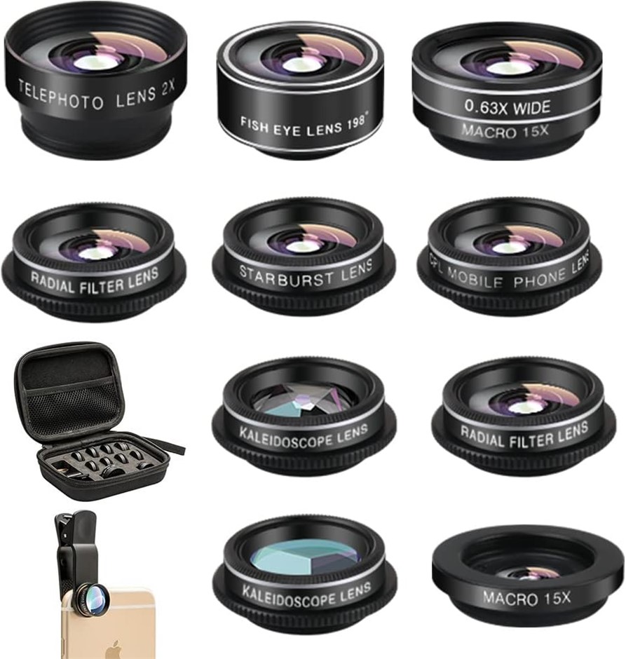 Phone Camera Lens (11 Lenses) Phone Lens Kit, Clip on Fisheye/Macro/Wide An