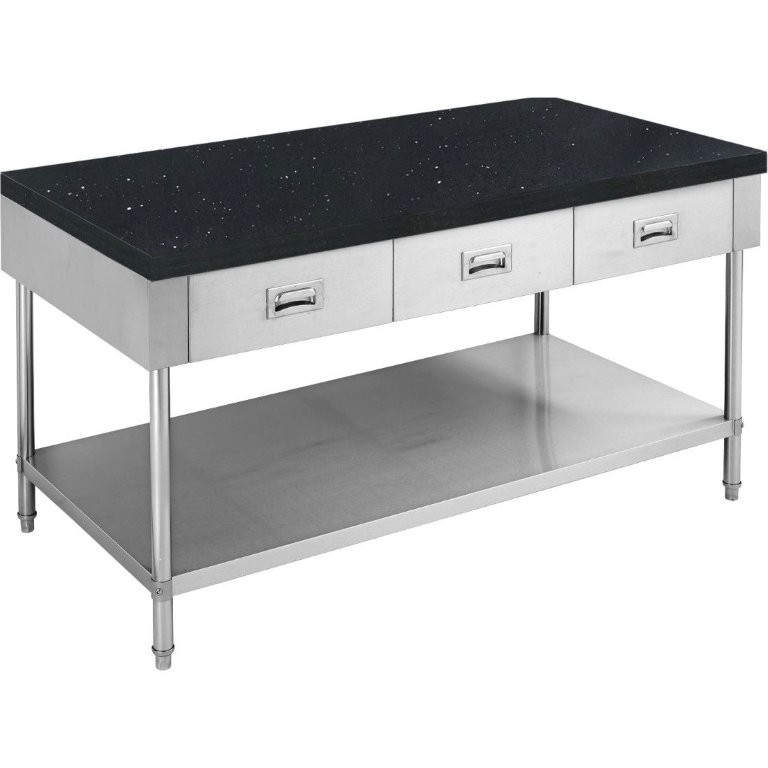 <p>S/S Kitchen Tidy Cabinet with Drawers and Stone Top with Undershelf</p>