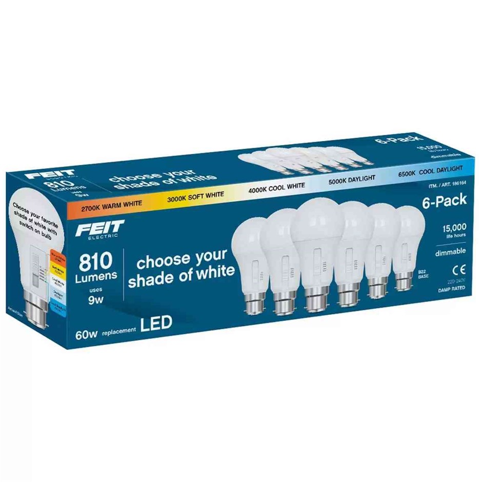 FEIT ELECTRIC 6 Pack LED Light Bulbs, 810 Lumens, 9W, E27 Base. NB: Damaged