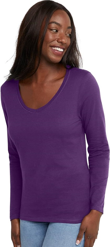 HANES Women's V-Neck Long Sleeve Tee, Size XL, Violet Splendor, O9142. Buy