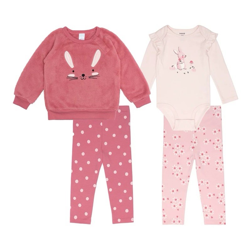 PEKKLE 4pc Infant Set, Size 3M, Plush Top w/ Bodysuit & Pants, Pink Bunny.