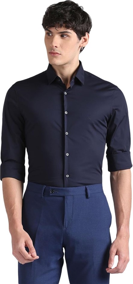 CALVIN KLEIN Men's Poplin Stretch Slim Shirt, Size 41 (16.5), Night Sky (CH