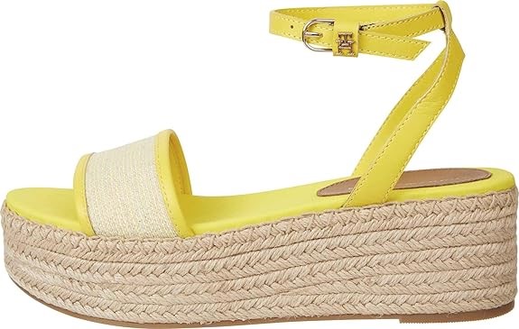 TOMMY HILFIGER Women's Leather Woven Flatform Sandals, Vivid Yellow, EU39/U