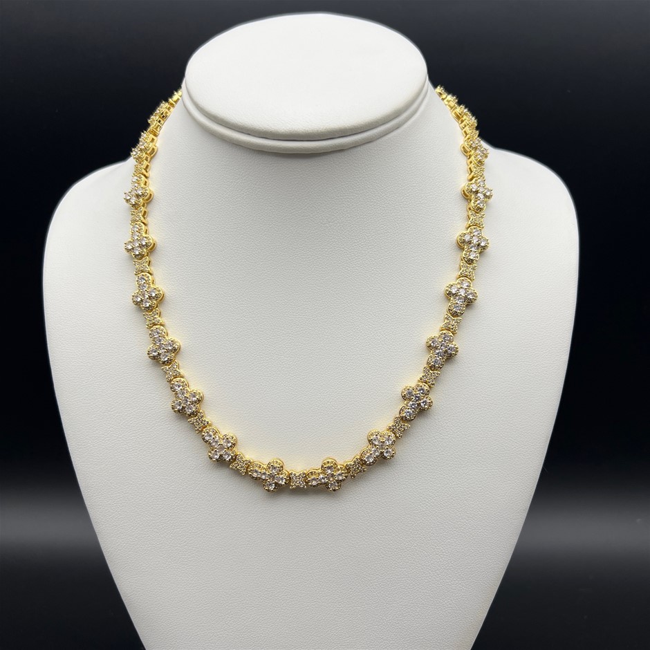 18K Gold-Filled Cross & Flower Necklace with AAA+ Cubic Zirconia's- 60.9cm