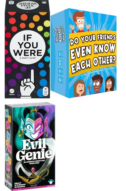 3 x Card Games; 1 x If You Were A Party Game, 1 x Evil Genie, 1 x Do Your F