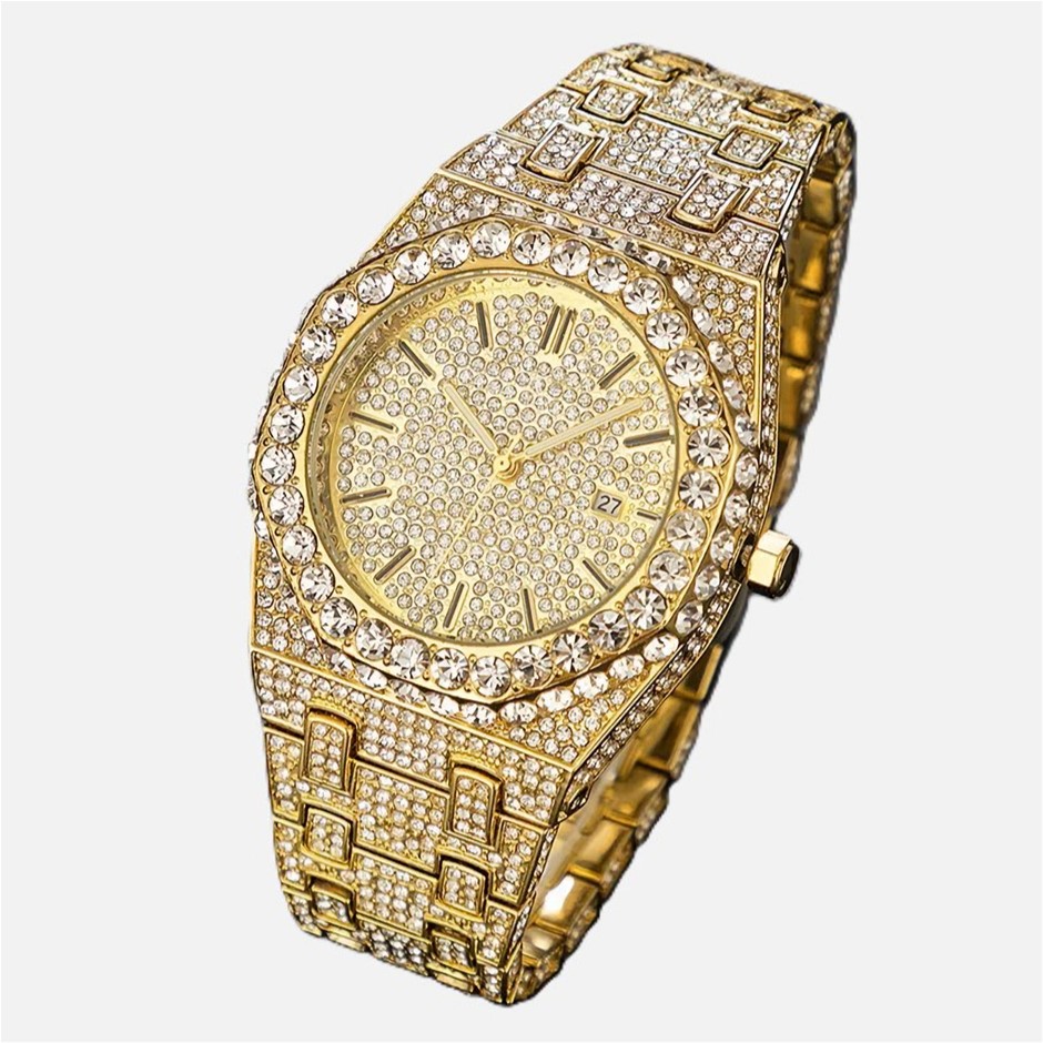 Men's Gold Blinged-Out Hip Hop Watch