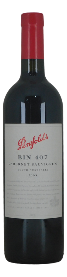 Penfolds Bin 407 Cabernet Sauvignon 2003 (1 x 750mL), SA.