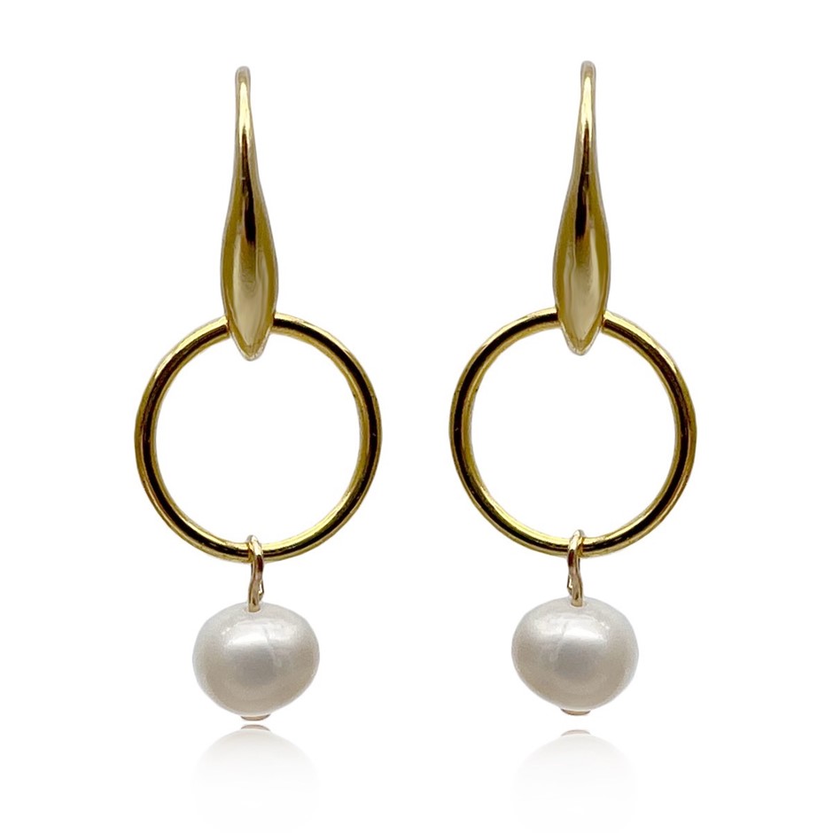 7-8mm Freshwater Pearl & Ring Dangling Drop Earrings