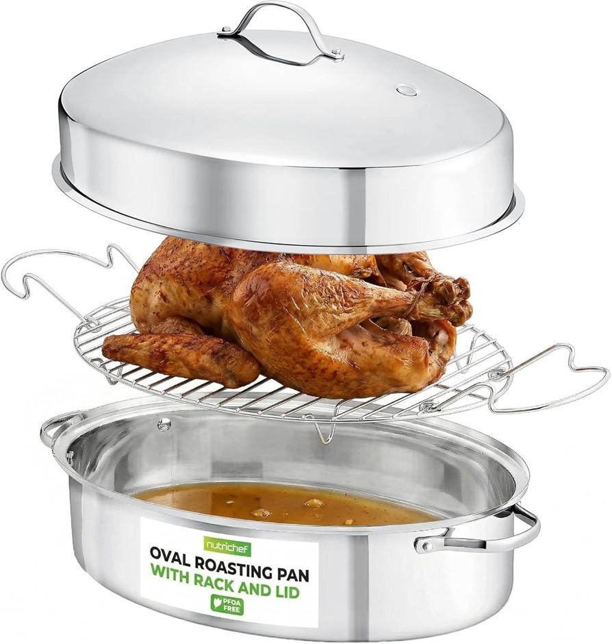 NutriChef 20" Oval Roasting Pan with Rack and Lid - Premium Stainless Steel