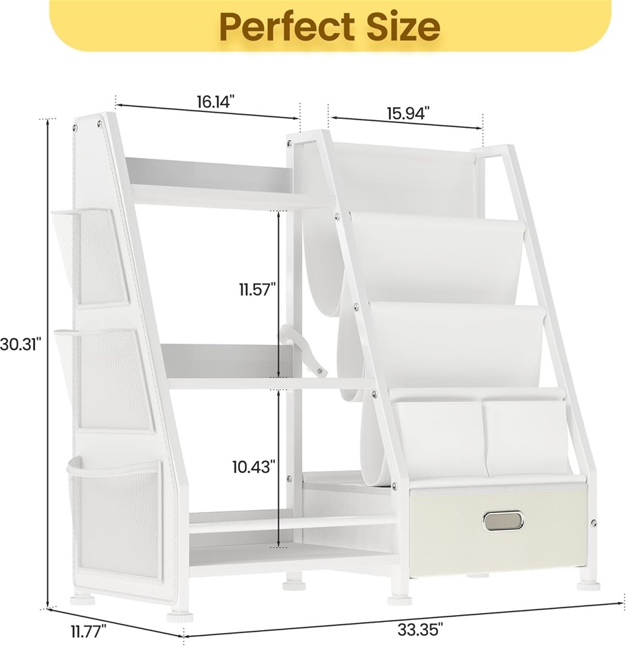 White Kids Bookshelf Toy Storage Organizer 3-Tier Toddler Bookshelf with Dr