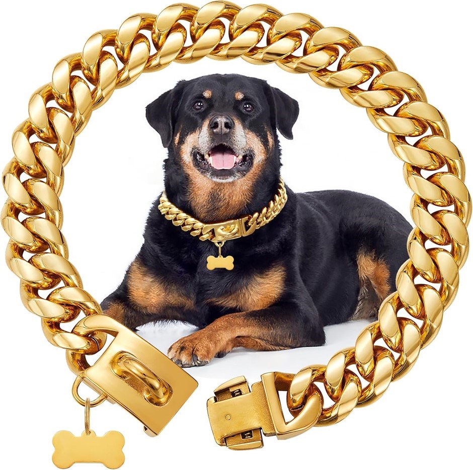 Gold Dog Chain Cuban Link Dog Collar 18K Gold Plated Stainless Steel Pet Cu
