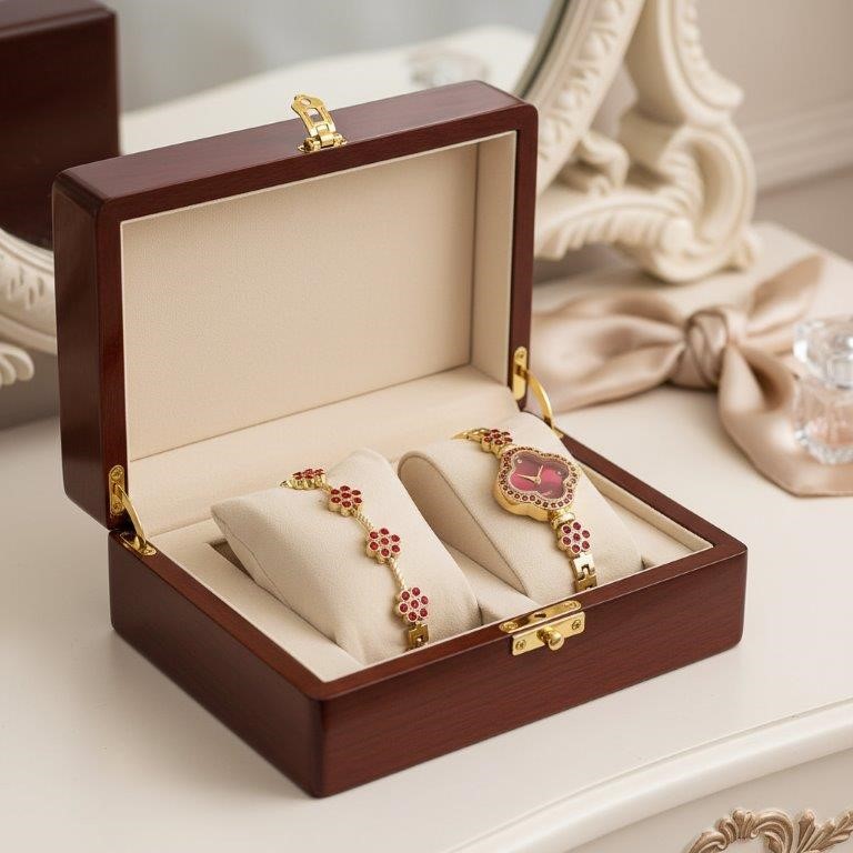 2Piece Jewellery Set. Watch, Bracelet Red Stones(Gift Box Included)