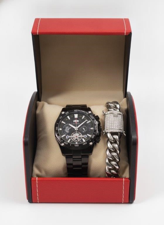 Jewelz Merchants Men's Black Watch & Cuban Link Bracelet Gift Set – Gift