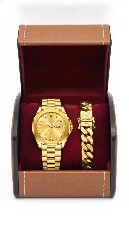 Men's Gold-Tone Watch & Cuban Link Bracelet Gift Set – Gift Box Included