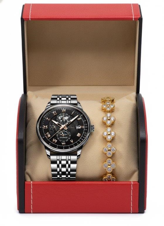 Jewelz Merchants Men's Black Watch & Gold-Tone Crystal Bracelet Gift Set