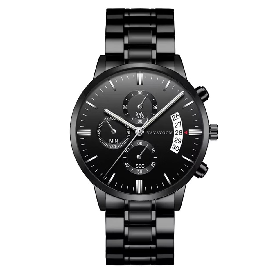 Men's Sports Calendar Luxury Stainless Steel Watch - Black