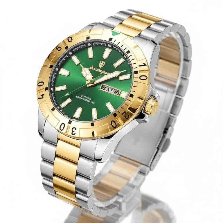 POEDAGAR Men's Green Dial Two-Tone Stainless Steel Day Date Watch, Gift Box