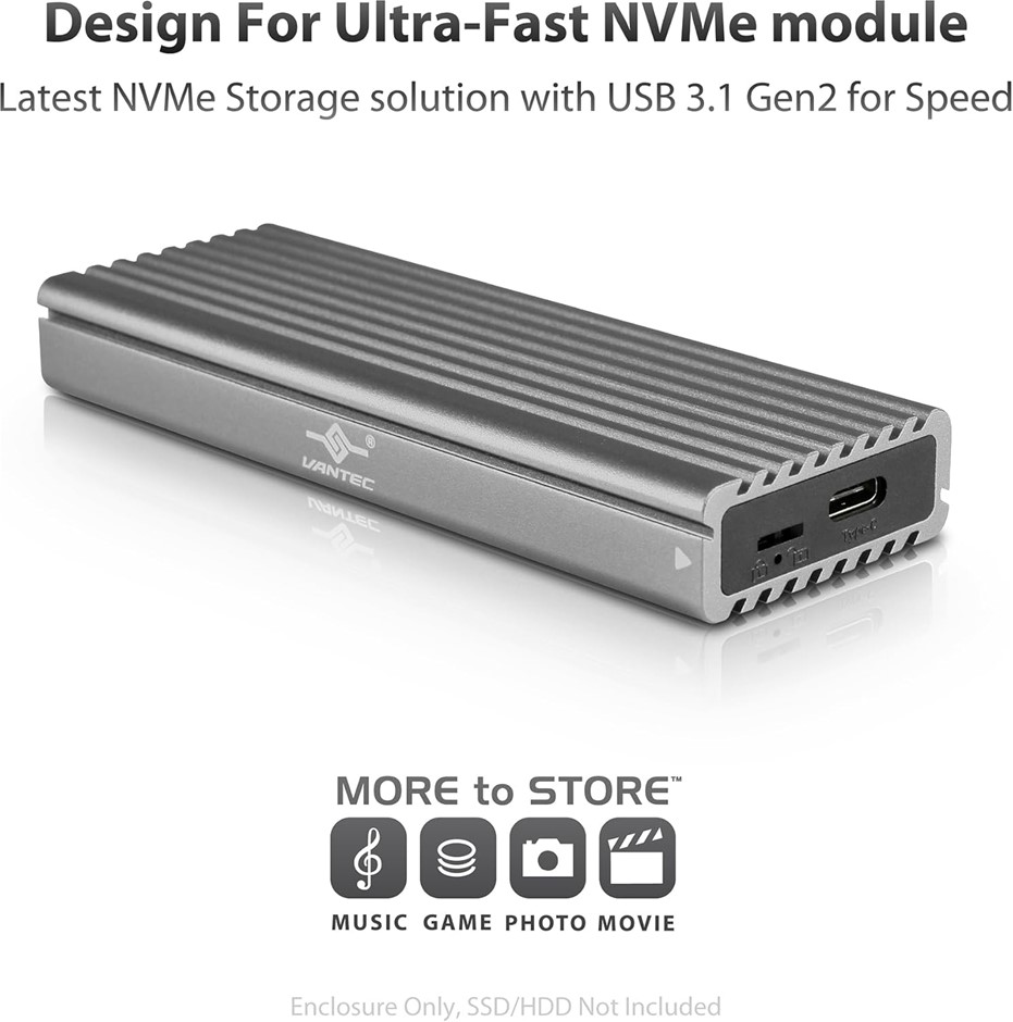 VANTEC M.2 Nvme SSD to USB 3.1 Gen 2 Type C Enclosure with C to C Cable, Sp