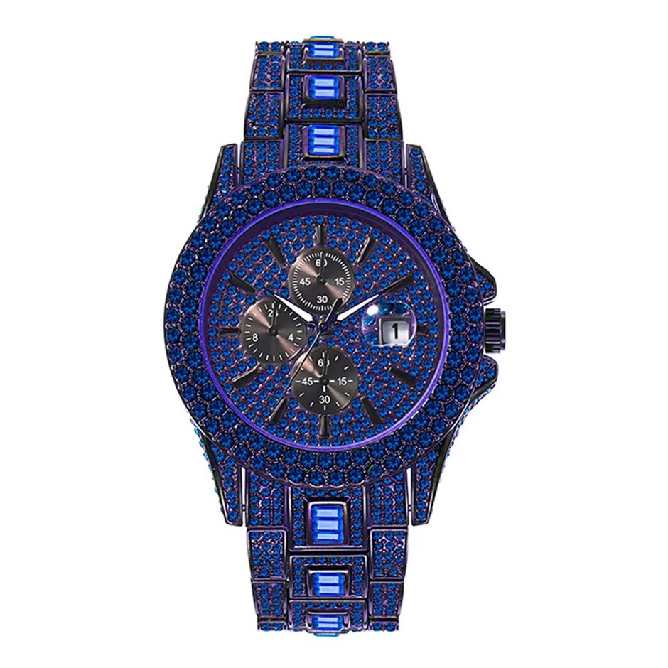Luxury Blue/Black Full Diamond Quartz Iced Out Wrist Watch