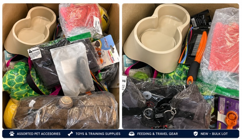 BOX OF ASSORTED PET ACCESSORIES: Feeding Bowl, Harnesses, Grooming Tools, T