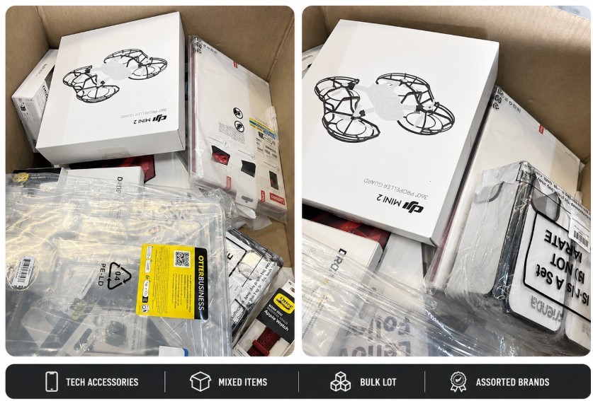 BOX OF ASSORTED ELECTRONICS ACCESSORIES: DJI Mini 2 Propeller Guard, Device