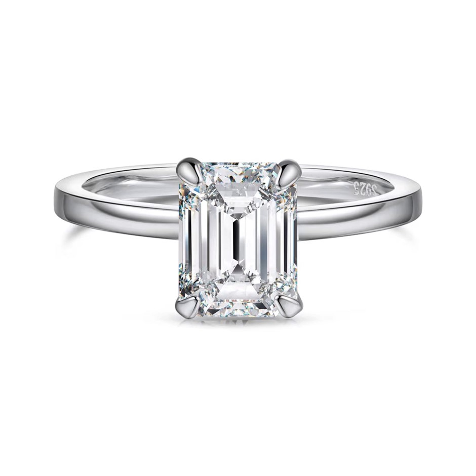 2.0ct Rectangle GRA Certified Moissanite 925 Sterling Silver Ring - Size 5