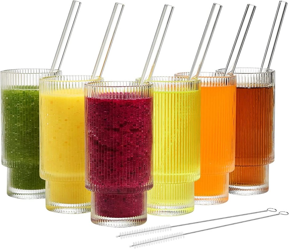 ALINK Ribbed Drinking Water Glasses with Glass Straws 6pcs Set