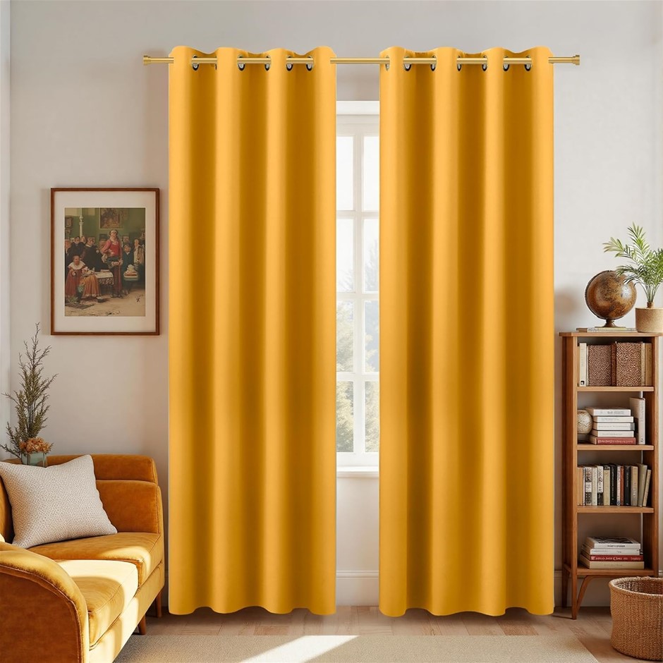 KOUFALL Mustard Yellow Blackout Curtain Panels, 52x84 Inch Length, 2 Panels