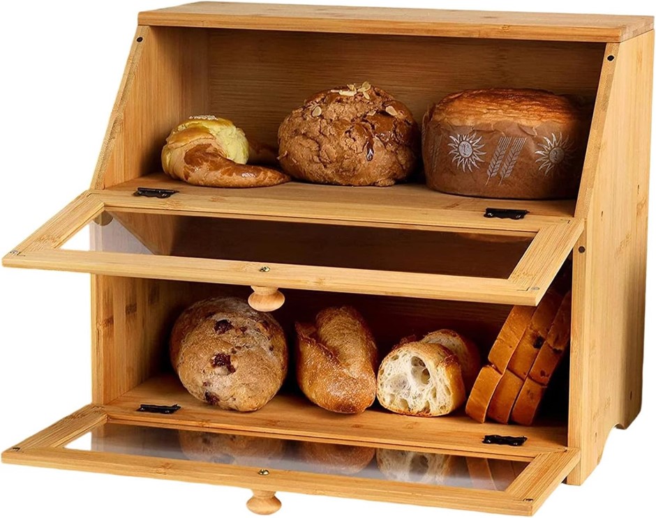 HOOMFIT Double Layer Bamboo Bread Box with Clear View Window
