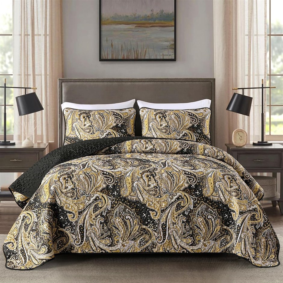 DJY Black Paisley Quilt Set, California King Size, Black and Gold Boho Bed