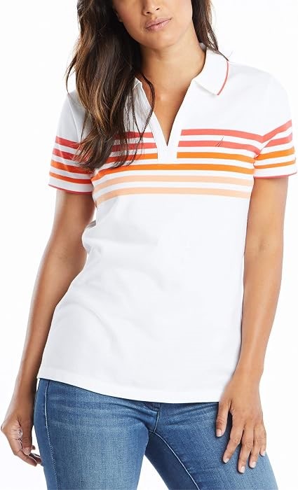 NAUTICA Women's Striped V-Neck Collar Polo Shirt, Size S, Hibiscus, 9305ZK.