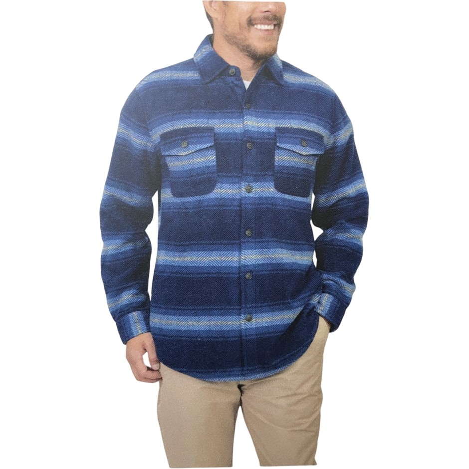 FREEDOM FOUNDRY Men's Plush Shirt Jacket, Size XL, Navy/Horizontal Pattern.