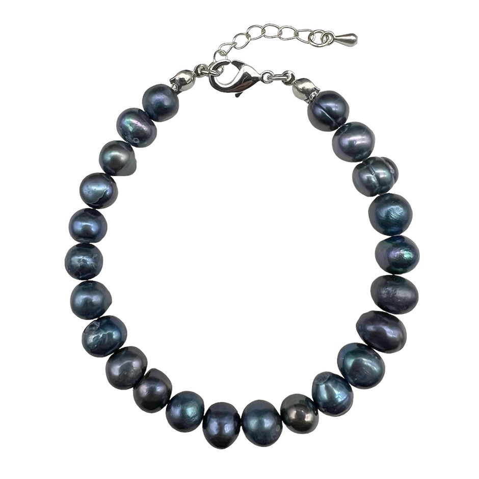 7-8mm Black Potato Shape Pearl with Platinum Plated Bracelet