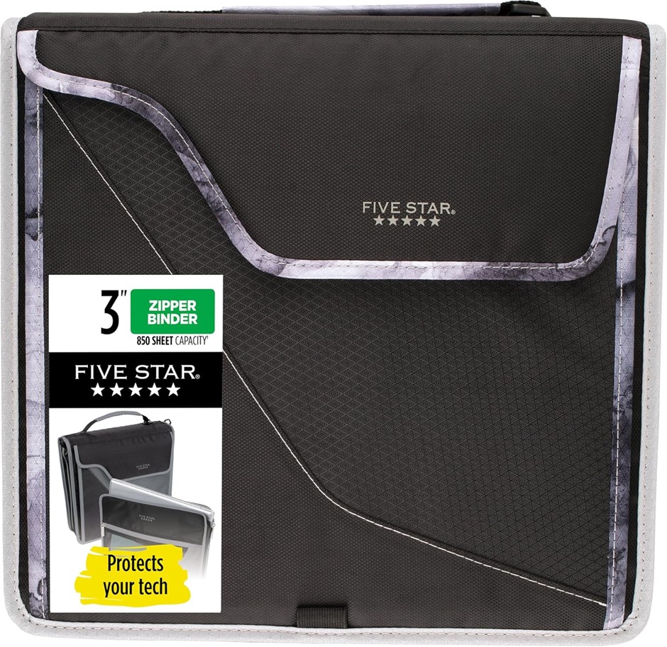FIVE STAR Sewn Zipper Binder, 3 Inch 3 Ring Binder, Expandable Plus Removab