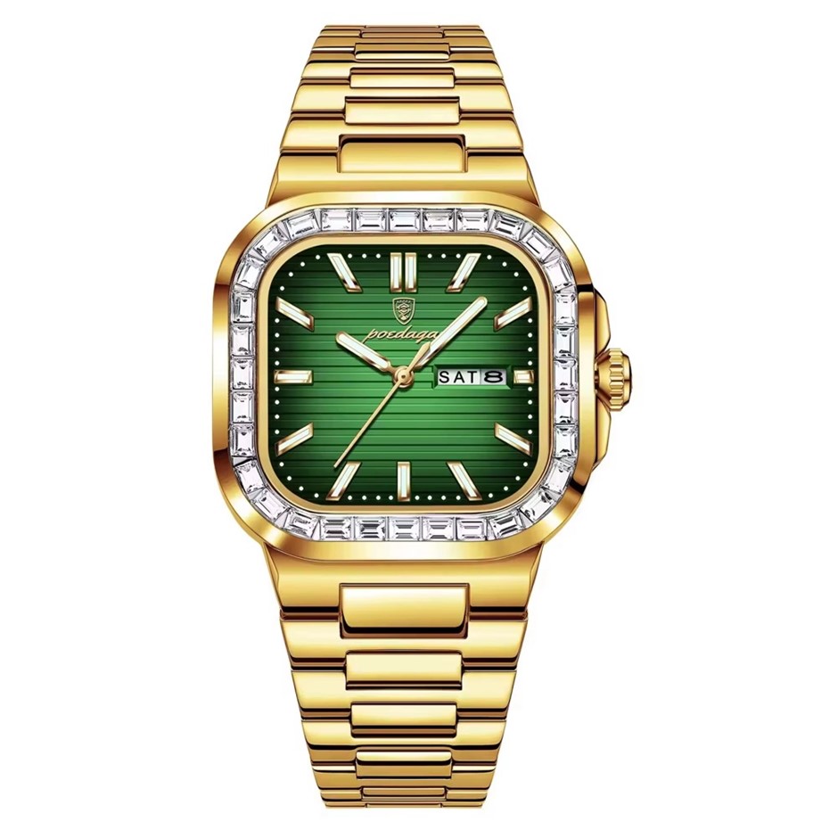 Luxury Men's Quartz Watch Square Face Stainless Steel Band, Golod/Green