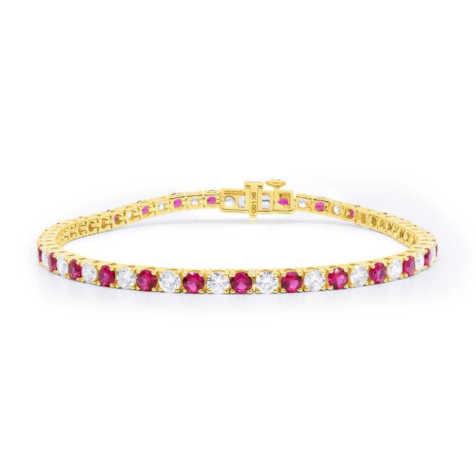 6.78 Carats yellow gold lab grown diamond & Ruby tennis bracelet (Stamped