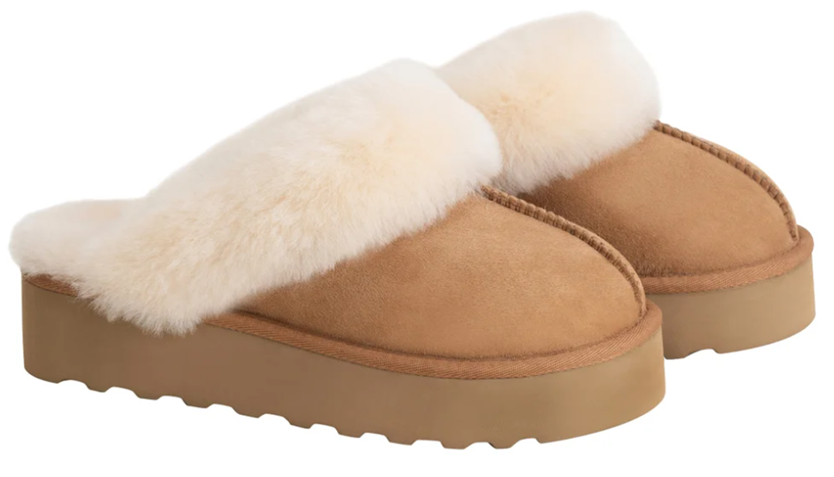 SIGNATURE Women's Shearling Platform Slippers, Size US10 / EU41, Tan.