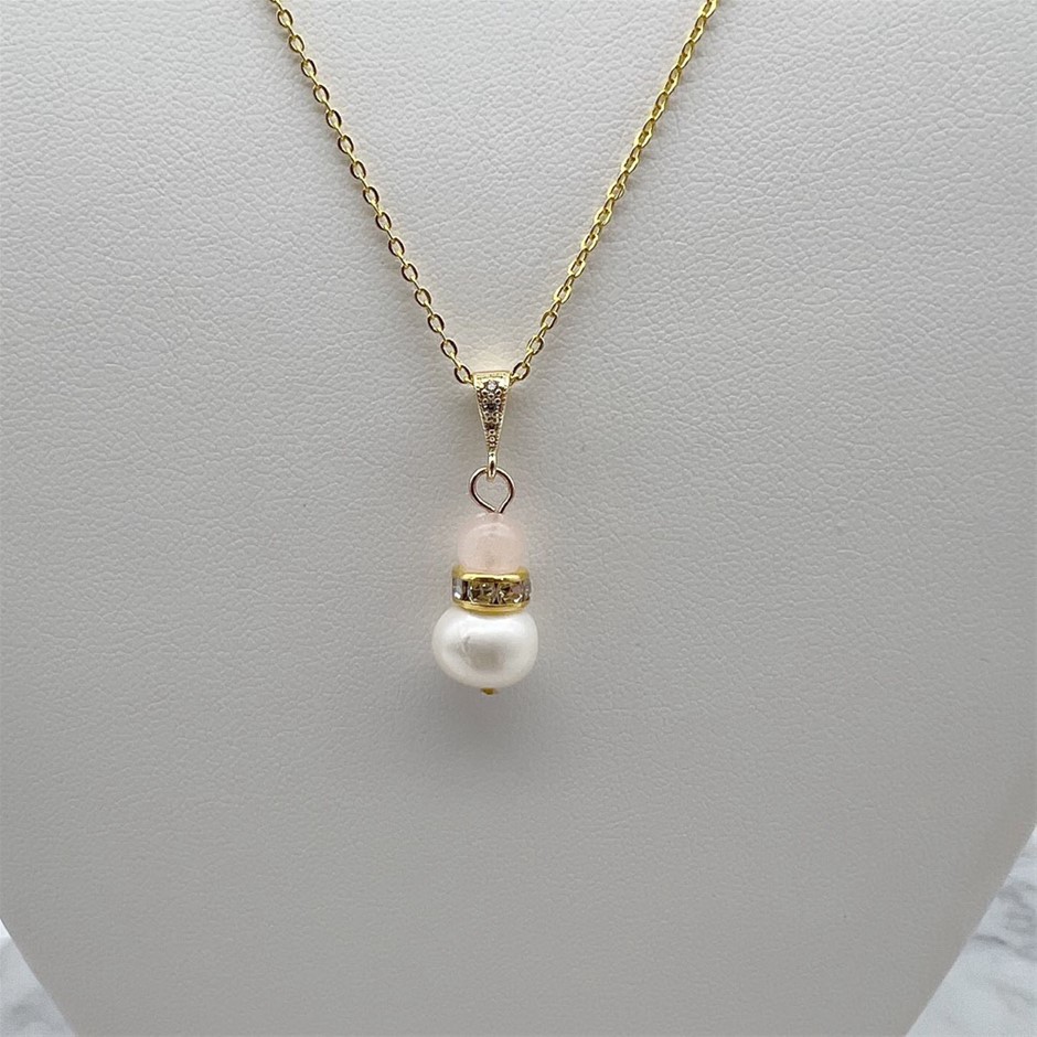 Pearl & Rose Quartz Gemstone Gold Plated Pendant Necklace