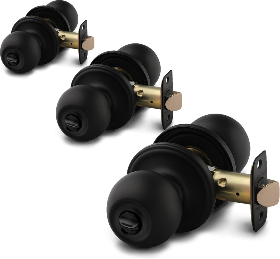Pack of 3pc COPPER Creek Matte Black Door Knobs - Round Colonial with Priva