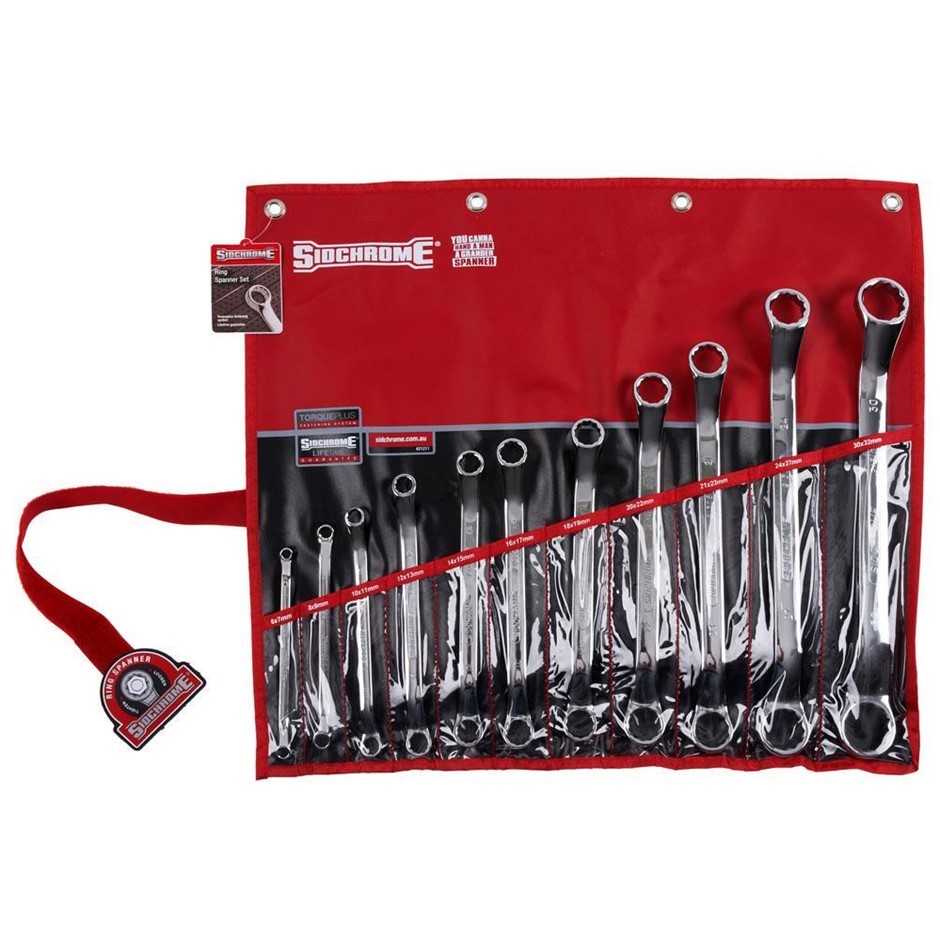 SIDCHROME 11pc Metric Ring Spanner Set, Contents: 6x7, 8x9, 10x11, 12x13, 1