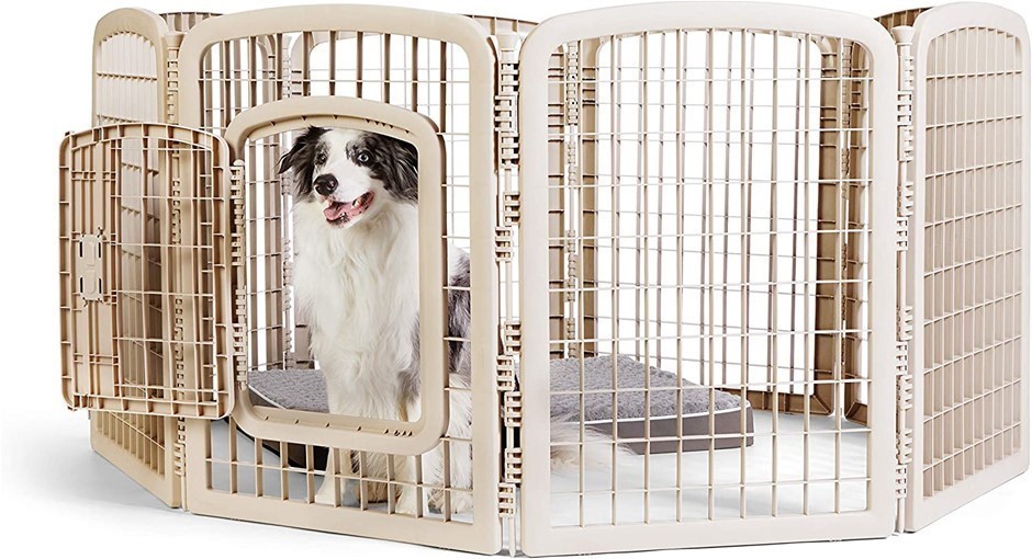 AMAZON BASICS 8-Panel Plastic Pet Pen Fence Enclosure With Gate, Beige, 163