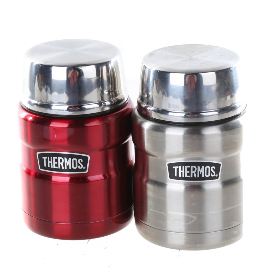 2 x THERMOS 2pk Vacuum Insulated Food Jar with Spoons, 470mL, Red & Silver.