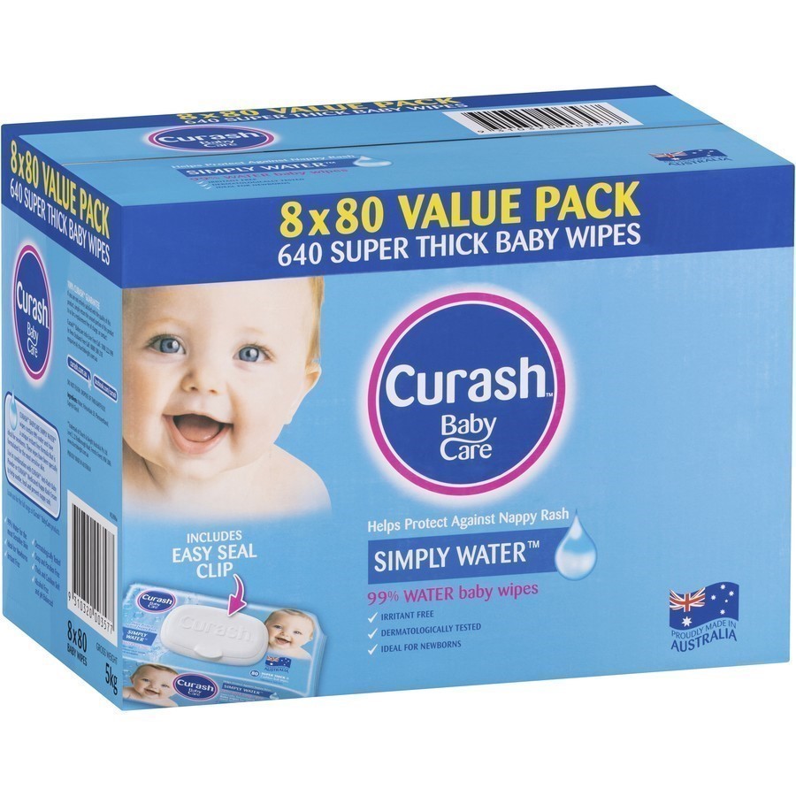 CURASH Box of 8 Packs, Simply Water Super Thick Baby Wipes, 80pc Wipes Per