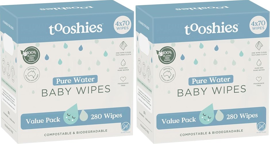 2 x Box of 4 Packs TOOSHIES Pure Water Baby Wipes, 70pc Wipes Each Pack.