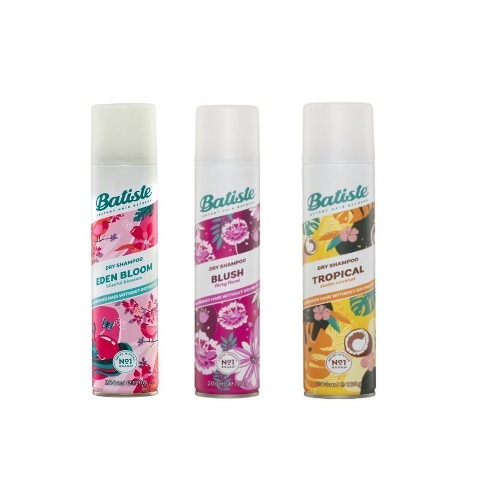 3 x BATISTE Dry Shampoo, Incl: Bloom, Tropical & Blush, 200mL.