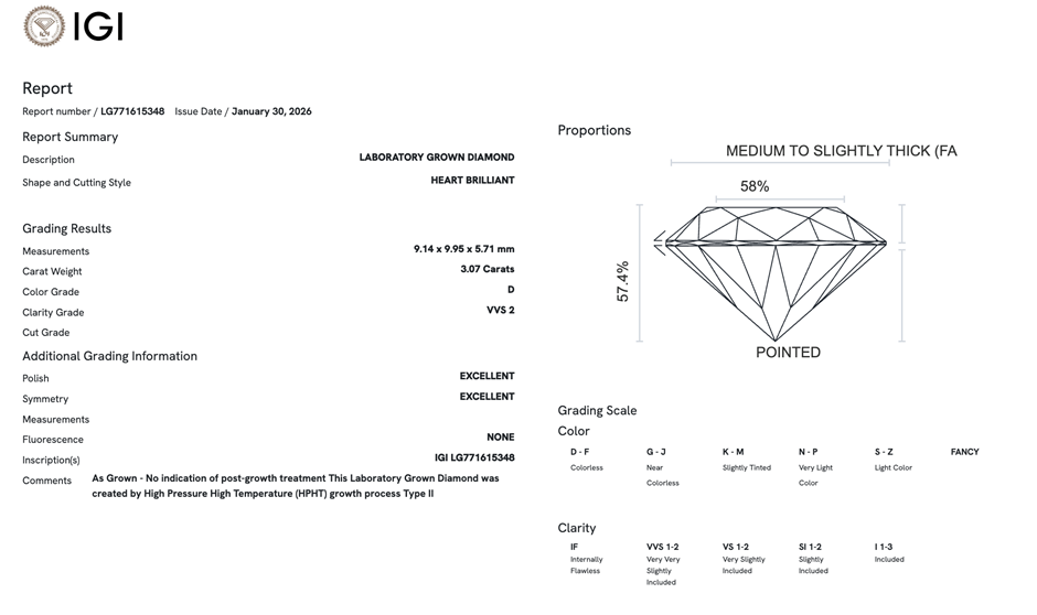 3.07 Carats D/VVS2 Lab Grown Diamond - IGI Certified