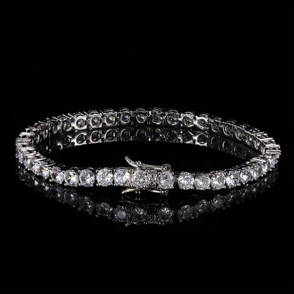 18k White Gold-Filled Tennis Bracelet Round Facet Cubic Zirconias - 17.8cm