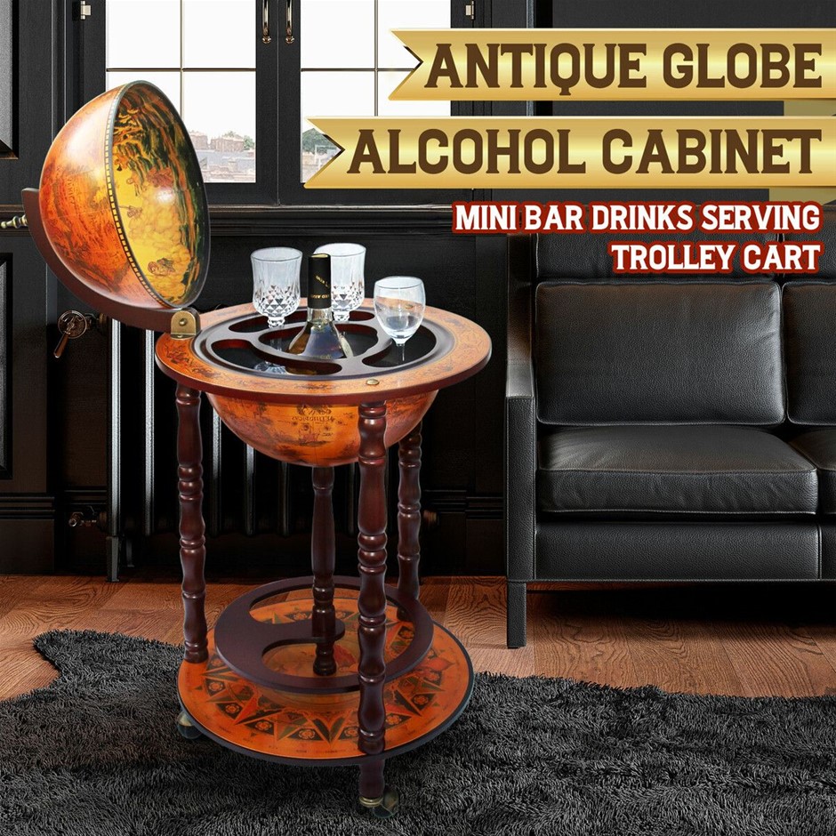 Antique Globe BarCart Cabinet Wine Drinks Serving Trolley 44x44x88cm