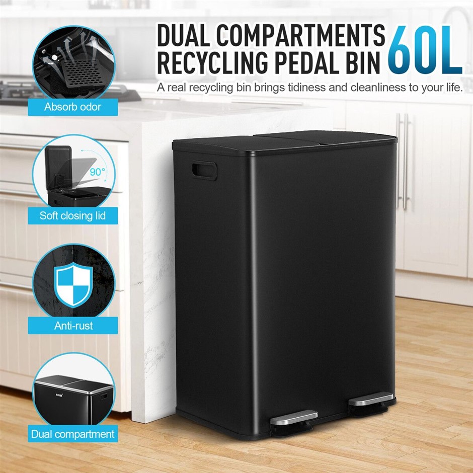60L Dual Compartment Stainless Steel Recycling Pedal Bin Soft Close Black